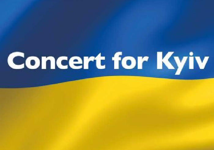Concert for Kyiv graphic on yellow and blue flag